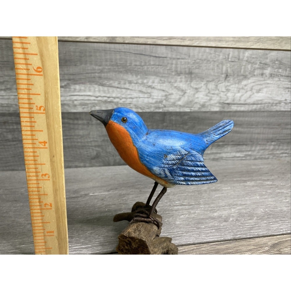 Unbranded Hand Carved Wood Bluebird Figurine OS Blue Good Rustic Driftwood Base